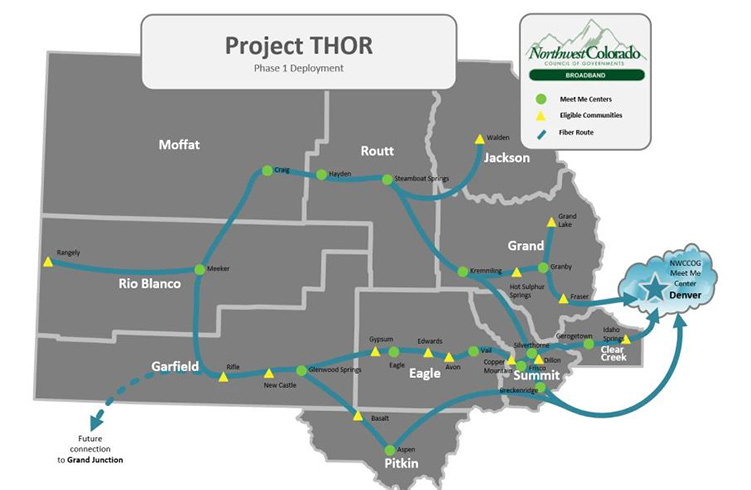 Carte de déploiement de la phase 1 du projet THOR. Northwest Colorado Council of Governments