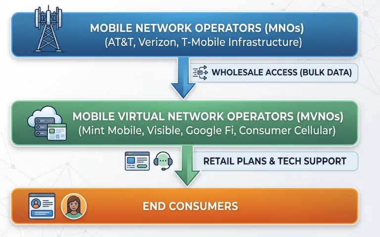 Diagram illustrating how MVNOs lease wholesale network capacity from MNO host carriers to deliver mobile service to end consumers