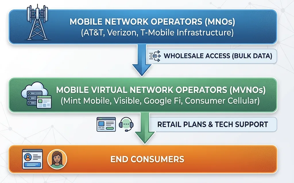 Diagram illustrating how MVNOs lease wholesale network capacity from MNO host carriers to deliver mobile service to end consumers